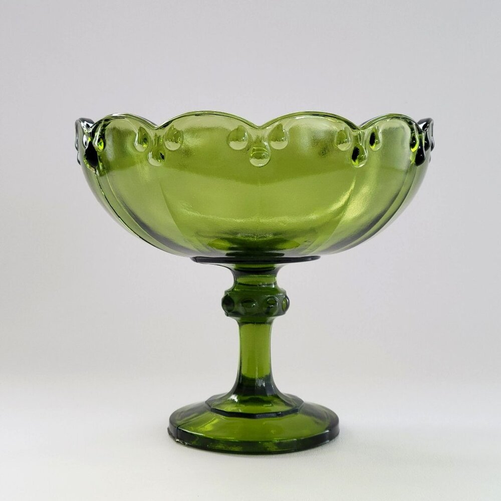 Vintage Indiana Glass Garland Pedestal Compote Dish, Avocado Green Teardrop Edge - Picture 3 of 10